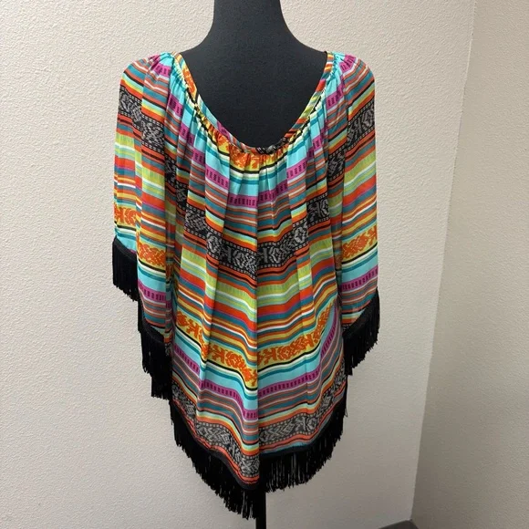 Ivy Jane Boho Fringe Tunic Top Multicolor Striped Festival Western Large - Picture 6 of 10